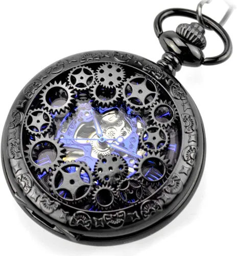 Vista 5 de Avaner Steampunk Retro Half Hunter Copper Gear Skeleton Hand Wind Mecánico Número romano árabe Pantalla analógica Reloj de bolsillo con cadena de 14