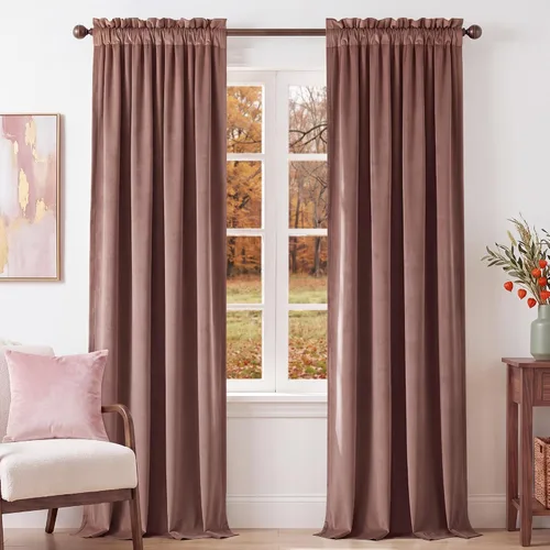 Vista 29 de NICETOWN - Cortinas de terciopelo bordadas con bolsillo para barra, 2 1 - Bordado - Marrón