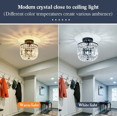 Vista 7 de YYJLX Lámpara de araña pequeña de cristal con 2 luces, moderna lámpara de techo semiempotrada para pasillo, cocina, vestíbulo (negro)