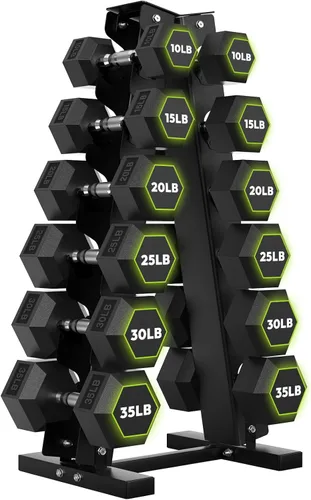 Vista 21 de HANDBODE Rubber Coated Hex Dumbbell Set with A-Frame Rack, 100 lb - 550 lb Multiple Options Weight, Hexagon Non-Rolling Shape, Ergonomic Knurled