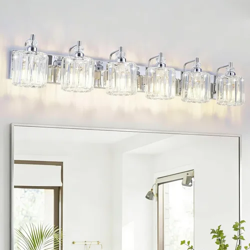Vista 15 de Lámpara de baño moderna de 3 luces, luces cromadas para tocador de baño sobre espejo, iluminación de pared con pantallas de cristal K9, base E26