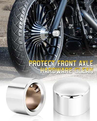 Vista 3 de Cubiertas cromadas para tuercas de eje delantero, tapas de eje delantero compatibles con Harley Davidson 2002-2024 VRSC Softail Dyna Super Glide