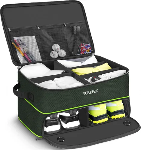Vista 19 de YOREPEK Organizador de maletero de golf de 2 capas, regalos de golf para hombres con compartimento ventilado separado para 2 pares de zapatos
