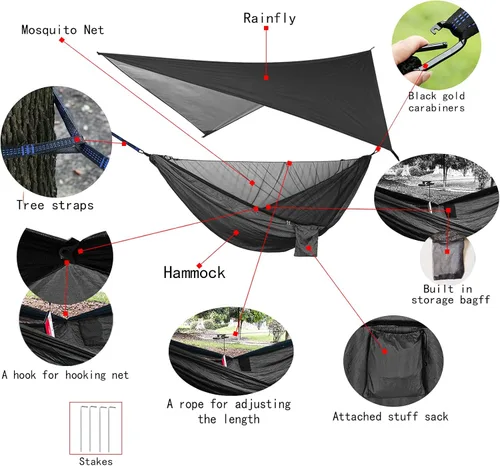 Vista 4 de Juego de hamaca de paracaídas portátil de nailon doble de alta resistencia, hamaca de campamento con lona para moscas de lluvia y mosquitera
