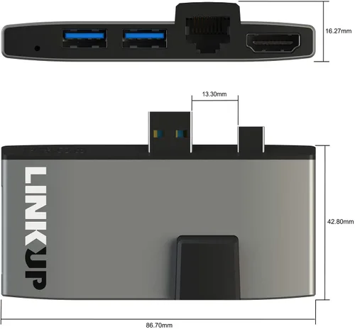 Vista 3 de LINKUP - Hub adaptador de lector de memoria micro para tarjetas SD compatible con Surface Pro 7 Estación de acoplamiento 6 en 1 4K HDMI, Gigabit