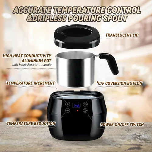Vista 2 de TCFUNDY Olla para fabricar cera de velas, fabricante de velas eléctrico de 1 litro, 200 W, con pantalla digital de temperatura, con olla de aluminio