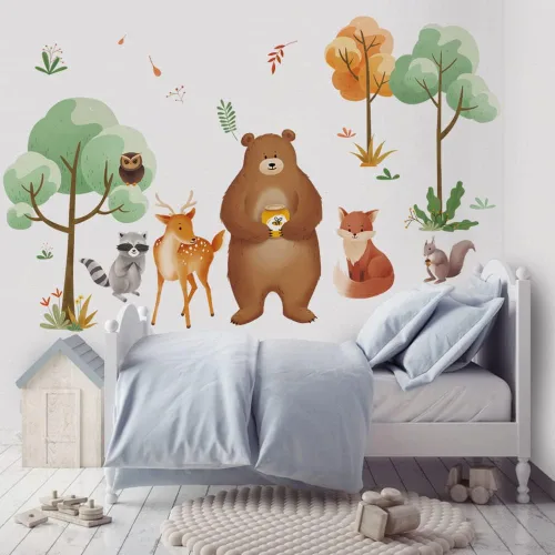 Runtoo Calcomanías de pared de animales del bosque, diseño de oso zorro, bosque, calcomanías de pared para guardería, dormitorio de niños