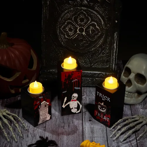 Vista 2 de BlcTec Decoraciones de Halloween, 3 portavelas de madera de Halloween con velas de té LED y artesanía de tallado 3D, centros de mesa de madera Negro