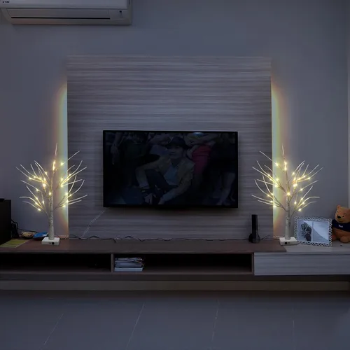 Vista 4 de Juego de 2 luces blancas cálidas para árbol de abedul con batería o USB, 24 luces LED de hadas, árbol espiritual, decoración de mesa para el hogar