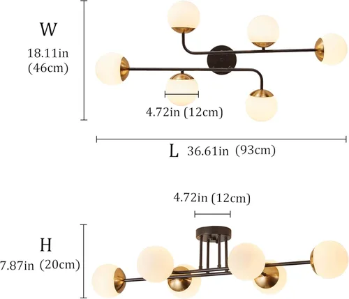 Vista 7 de Aiwen Moderna lámpara Sputnik de montaje semiempotrado con 6 luces de cristal negro dorado para techo, globo rústico, iluminación de techo regulable