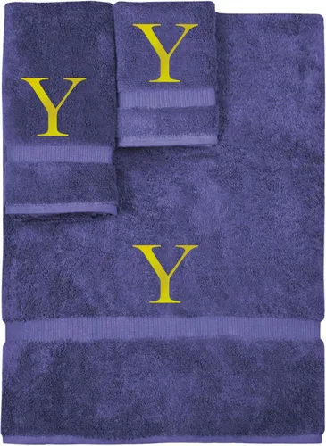 Vista 132 de Juego de toallas con monograma, regalo personalizado, juego de 3 - Letra de bloque dorada bordada en toalla - Extra absorbente 100% algodón turco