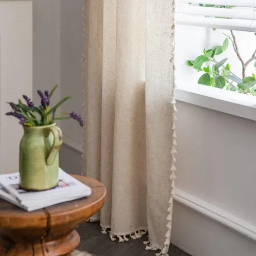 Vista 3 de AMZALI Cortinas texturizadas de lino y algodón con borlas, cortinas semiopacas para ventana, paneles de cortina con bolsillo para barra, cortina