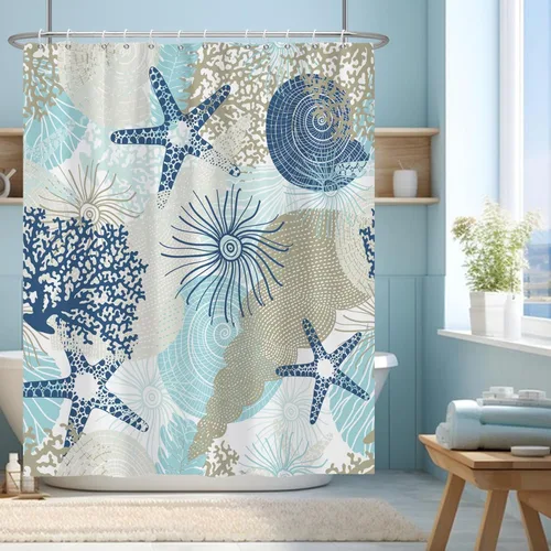 Cortina de ducha azul océano, juego de cortina de ducha náutica costera de coral con estrellas de mar, para baño, tema náutico marino oceánico, mar,