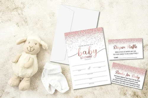 Vista 5 de Kit de invitación para baby shower, juegos de rifa de pañales, libros para bebé, color oro rosa rosa para revelación de género, tarjetas
