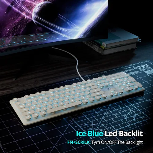 Vista 4 de surmen Bonito teclado silencioso con cable retro con cable, teclados suaves de tamaño completo con bloc de números, teclas redondas, USB Beige