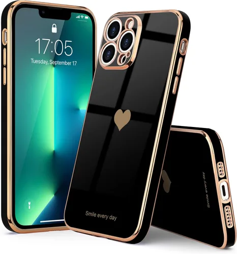 Vista 7 de Teageo Funda para iPhone 13 Pro para mujeres y niñas, diseño de corazón de amor, cubierta trasera suave, protección completa de la cámara, Negro