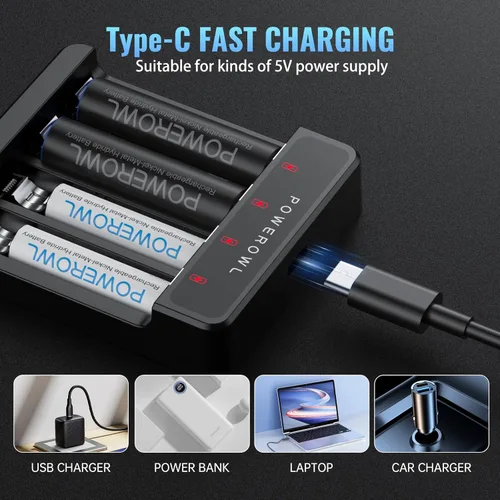 Vista 6 de POWEROWL Cargador de batería AA AAA de 4 ranuras, carga rápida USB, ranura independiente, para baterías recargables Ni-MH Ni-CD, sin adaptador
