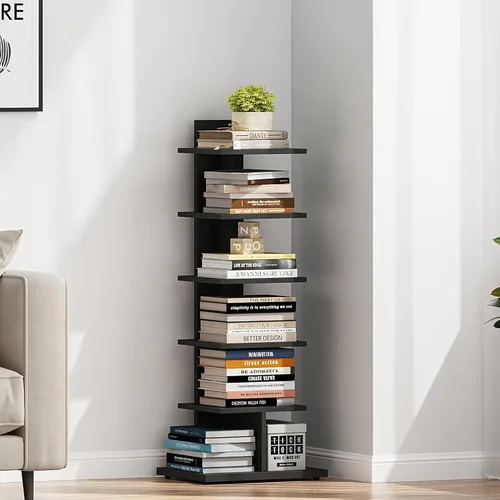 Vista 4 de TUTOTAK Estantería estrecha, estantería de 6 niveles, estante de libros con espaldera para espacios pequeños, estante de esquina de pie para sala
