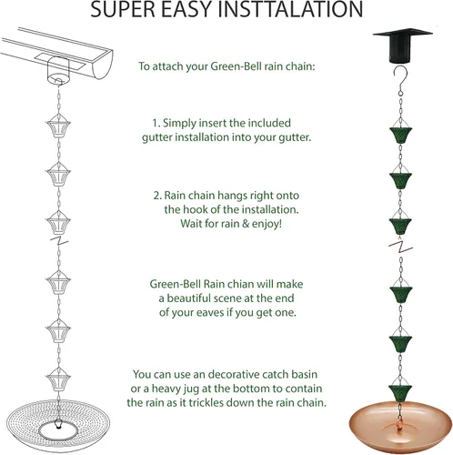 Vista 4 de Cadenas de lluvia de hierro de campana de 8.5 pies para canalón y barril de lluvia, decoración de jardín chapada resistente al óxido para bajante