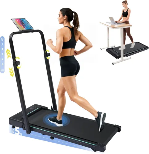 GORISE Walking Pad Treadmill with Adjustable Height Handle Bar, 3HP Quiet Foldable Under Desk Treadmill, Portable Treadmills for Home 350LBS with