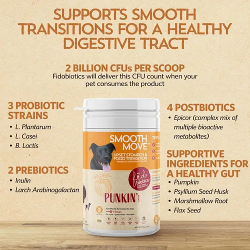 Vista 7 de Fidobiotics Smooth Move Probiótico para perros, porción de 7 días para malestar estomacal y transición de alimentos, salud intestinal digestiva