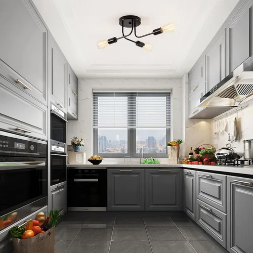 Vista 5 de Lámpara de techo industrial semi empotrada con 3 luces de techo con ramas de metal ajustables, soporte E26, pintado en negro, para cocina, sala