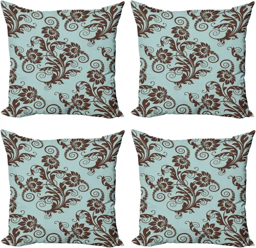 Vista 22 de Ambesonne Art Nouveau Throw Pillow Cover Set of 4, Hand Drawn Old Fashioned Chinese Blooms Leaves Shabby Pattern, Square Cushion Covers Decor for