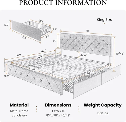Vista 2 de SHA CERLIN Upholstered King Size Platform Bed Frame with 4 Storage Drawers, Adjustable Headboard with Diamond Stitched Button Tufted Design, Wooden
