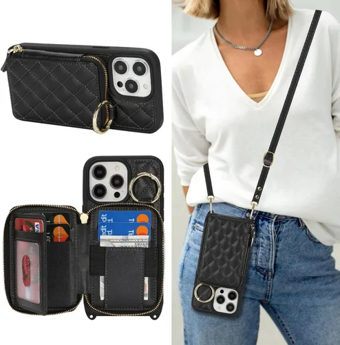 Vista 50 de Funda tipo cartera tipo bandolera para iPhone 11, de piel sintética, con cremallera, tipo cartera, con función atril, con ranuras para tarjetas