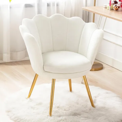 chairus Silla de tocador de maquillaje blanca crema con respaldo, pequeña silla moderna tapizada de terciopelo con patas de metal dorado, bonita