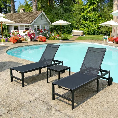 Vista 22 de PURPLE LEAF Juego de Sillas Tumbonas Reclinables para Exteriores, Silla Reclinable de Aluminio Ajustable con Ruedas y Mesa Auxiliar para Piscina