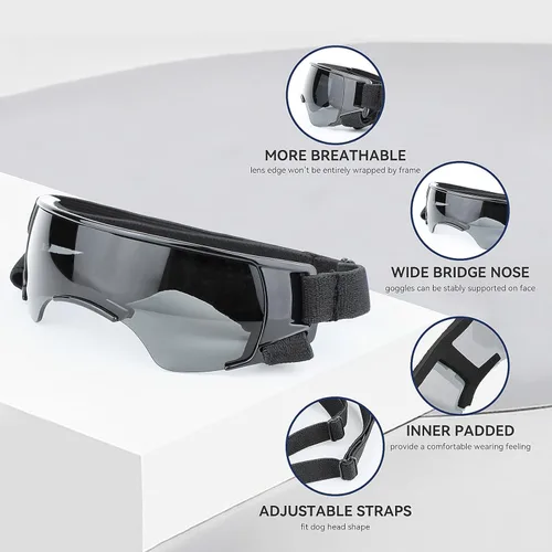 Vista 3 de Gafas de sol para perros pequeños con correas ajustables, lentes de sol anti-UV para perros, resistentes al viento, protección ocular para razas