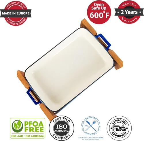 Vista 2 de Lava Cast Iron Sartén para lasaña, tres capas de hierro fundido esmaltado, bandeja para hornear con soporte de servicio, plato rectangular apto