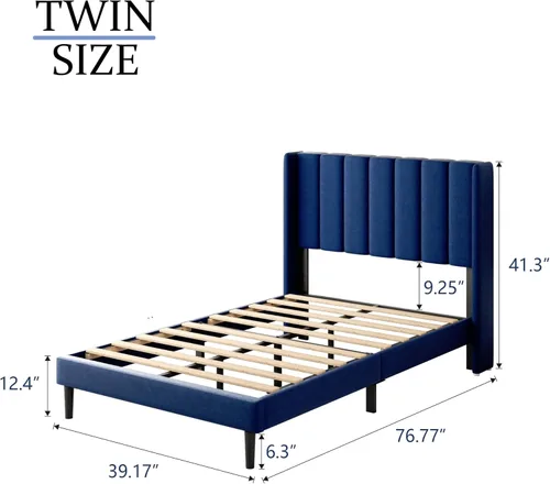 Vista 110 de Base de cama tamaño Queen con cabecera tapizada con respaldo de ala, plataforma de fácil montaje, soporte de listones de madera, no necesita somier