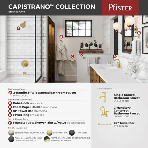 Vista 5 de Pfister Capistrano LF048CSOBG - Grifo para lavabo de baño, centro de 4 pulgadas, 2 asas, 3 agujeros, certificado NSF, acabado dorado cepillado