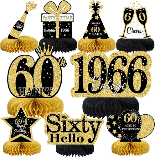 Vista 28 de 9 piezas de decoración de cumpleaños negro dorado 16 centros de mesa de panal para niños y niñas, centros de mesa de feliz cumpleaños 16