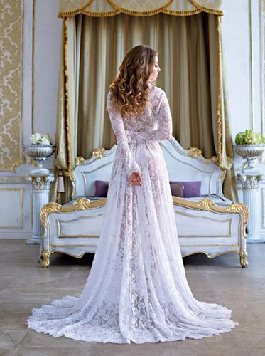 Vista 3 de ZIUMUDY Vestido largo de encaje transparente con cuello en V profundo y abertura frontal para fotografía con manga larga