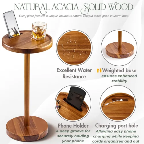 Vista 4 de BLUEWEST Mesa de bebidas, mesa auxiliar compacta de 24.4 pulgadas de alto con ranura para teléfono y base pesada, mesa de pedestal duradera