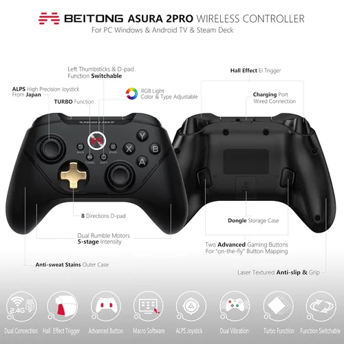 Vista 2 de BEITONG Asura 2 Pro Wireless Gaming Controller PC Game Controllers Dual Vibrate Gamepad Joystick For Windows 7 8 10 11 Android TV Steam Deck Tesla