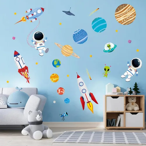 Vista 2 de decalmile Calcomanías de pared para el espacio exterior, diseño de cohete, planetas, astronauta, decoración de pared para habitación de bebé