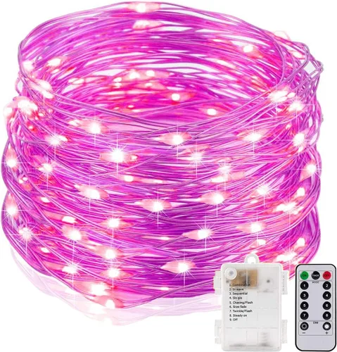 Vista 12 de Cadena de luces, luces LED de alambre de cobre, cada juego de 33 pies/32.8 ft 100 LED y 9 controles remotos. Funciona con pilas AA, luces Rojo
