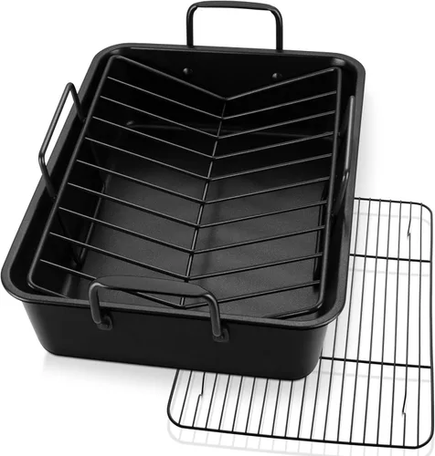 Vista 8 de P&P CHEF Bandeja Asadora de 14 pulgadas con rejilla para hornear y rejilla en forma de V, bandeja rectangular de acero inoxidable para lasaña