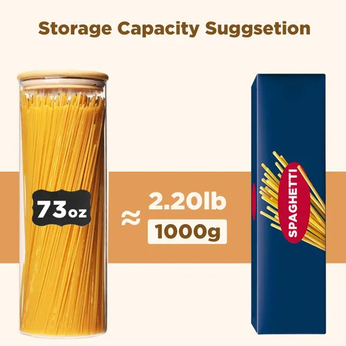 Vista 4 de SHOWIN Tarros de almacenamiento de pasta de vidrio de 73 onzas, tarros altos de vidrio con tapas de bambú, contenedor de espagueti, juego de 3