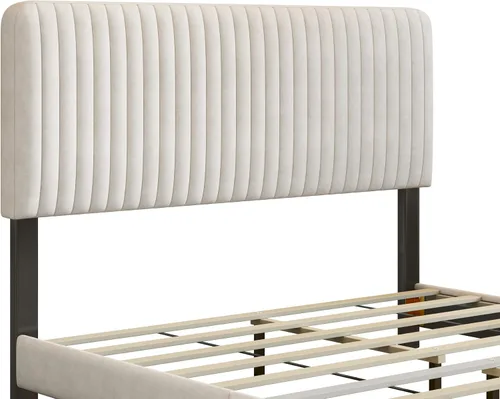 Vista 7 de Elegante cama con plataforma tapizada de terciopelo de tamaño Queen con cabecero, para niños, niñas y adolescentes (beige @cabecero/, Queen)