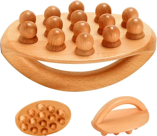 Wood Massage Tools with Handle, 2PCS 14 Beads Wooden Massage Roller, Lymphatic Drainage Massager for Body Shaping