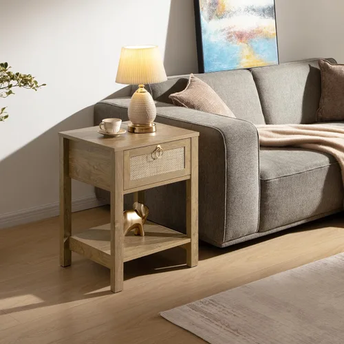 Vista 8 de SICOTAS Rattan Nightstand,Rattan Decor Drawer with Brass Knobs Night Stand Bedside Table Boho End Tables Side Tables with Storage Shelf for