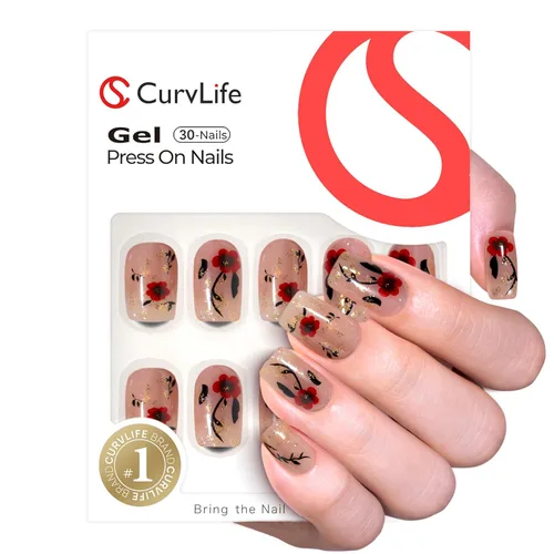 Vista 15 de Uñas postizas CurvLife blancas lechosas, cortas, cuadradas, acrílicas, con diseño de albaricoque, cobertura completa, brillantes, nude