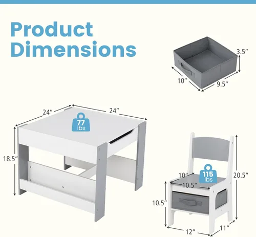 Vista 8 de INFANS Juego de Mesa y Silla para Niños, Escritorio de Actividad de Bloques de Construcción 4 en 1 de Madera con Tablero Reversible, Cajones