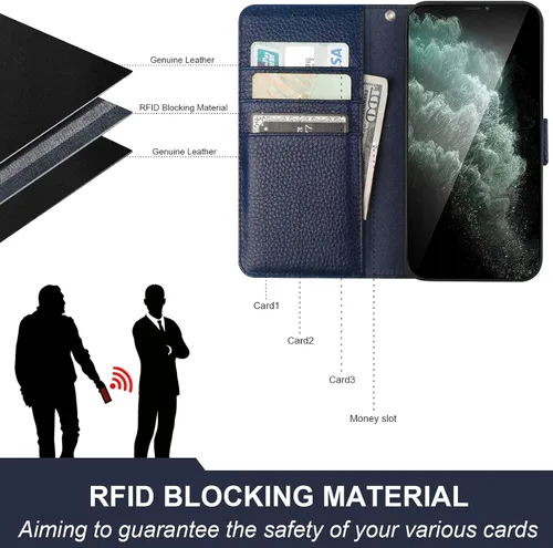 Vista 3 de Bocasal Funda de piel auténtica tipo cartera para iPhone 11, carga inalámbrica, bloqueo RFID, soporte para tarjetas de crédito, función atril, funda