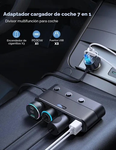 Vista 3 de 【Actualizado 2025】Adaptador de encendedor de 7 en 1, JOYROOM Adaptador de Cargador de Coche 179W con Carga PD30W (Cable de 3.3 pies), Divisor